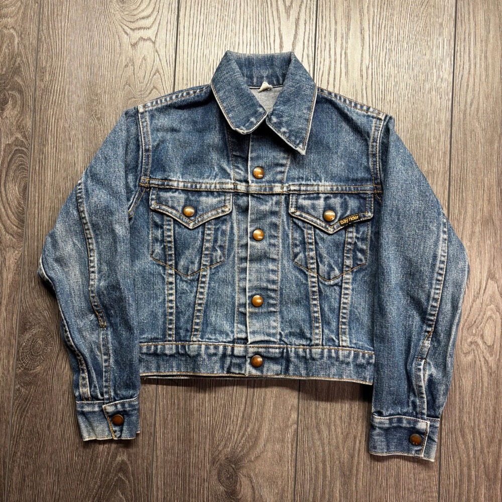 Vintage 1970s Bay Rider Kids Blue Denim Trucker Jacket Size 8 Made in Canada